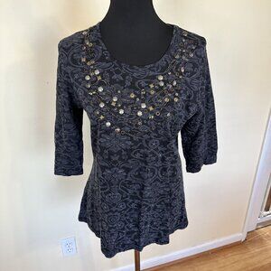 West Bound Womens Blouse Grey Cotton Beaded Top Large Art to Wear Paisley Scoop